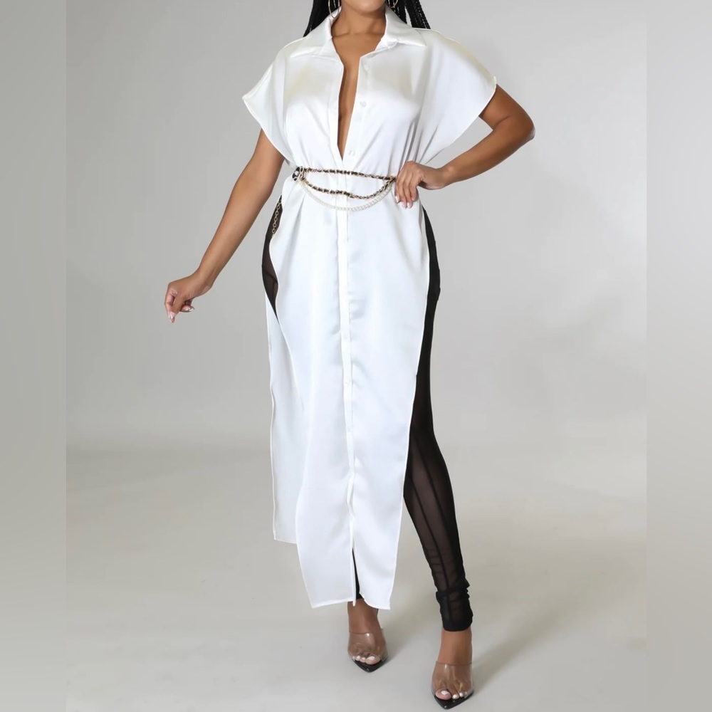 Open Invitation Sleeveless Button-down White Asymmetrical Maxi Shirt Blo…